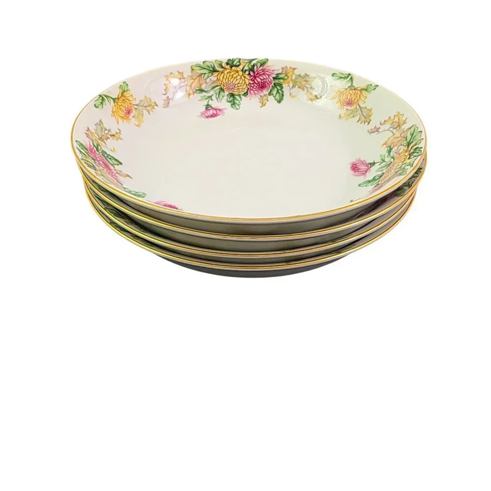 Mikado Sandra Floral Gold Trim Coupe Soup Salad Bowls – Set of 4